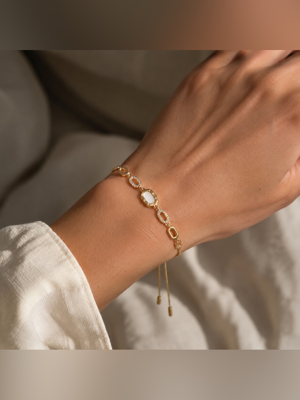 Gold Tone Faux Mother of Pearl Crystal Link Adjustable Bracelet